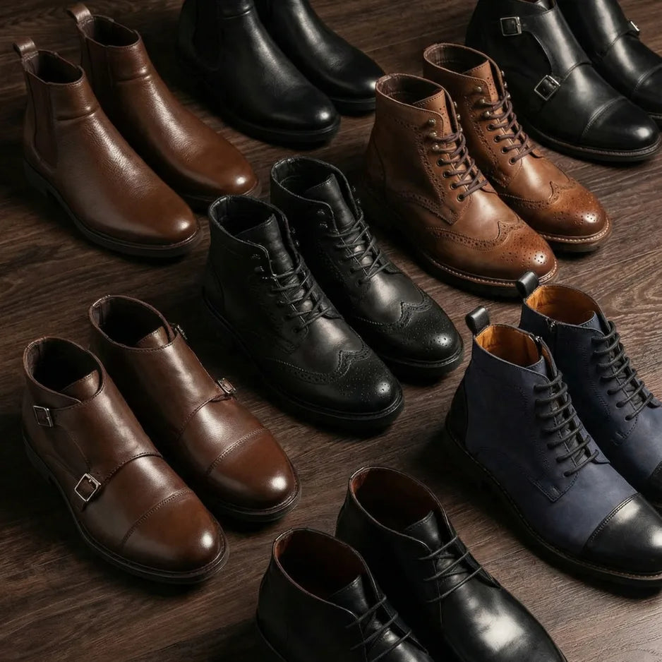 Souliers GIANATO en cuir noir, cognac et marine posés sur un parquet